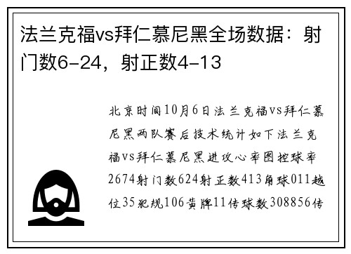 法兰克福vs拜仁慕尼黑全场数据:射门数6-24,射正数4-13