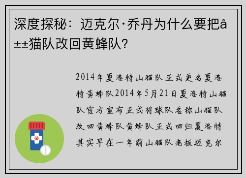 深度探秘:迈克尔·乔丹为什么要把山猫队改回黄蜂队?