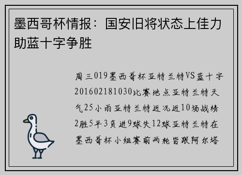 墨西哥杯情报：国安旧将状态上佳力助蓝十字争胜